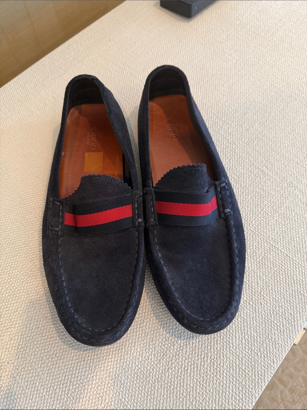 Gucci Navy Suede Loafers with Red Stripe